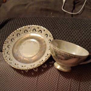 Elegant Porcelaine Mother of Pearl Sage Green, Gold, White Teacup and Saucer Set